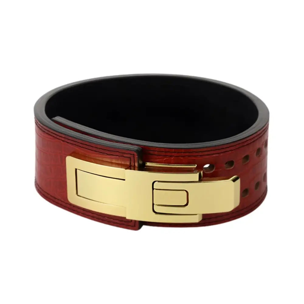 Red leather powerlifting belt with gold buckle for weightlifting and Ignace Leather Powerlifting