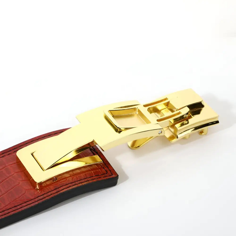 Red leather powerlifting belt with gold buckle for weightlifting and training