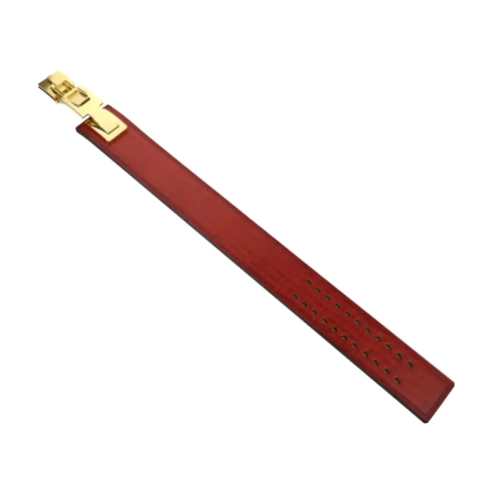 Red leather powerlifting belt with gold buckle, featuring Ignace Leather Powerlifting quality