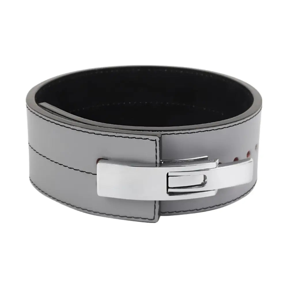 Gray leather weightlifting belt with metal buckle for support and durability