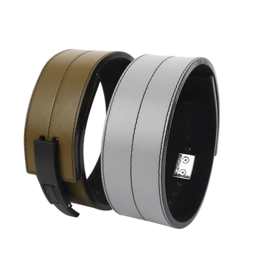 Leather weightlifting belts in tan and gray with metal black buckles for support