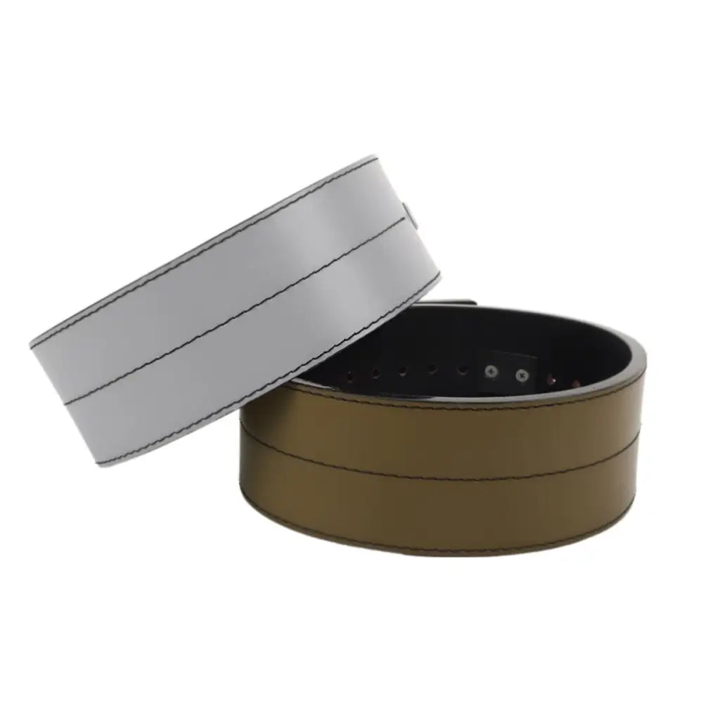 Two leather weightlifting belts in tan and gray with metal black buckles