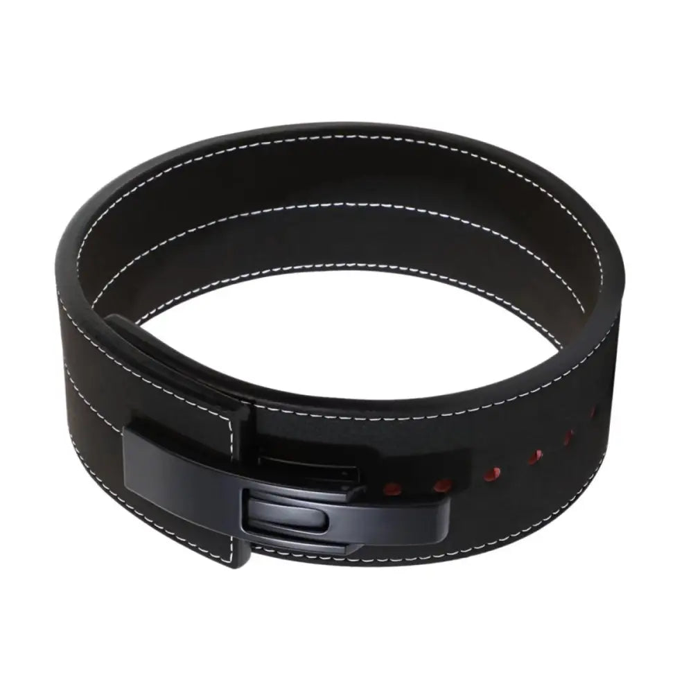 Black leather powerlifting belt with buckle from Black and Green Leather Powerlifting Belts