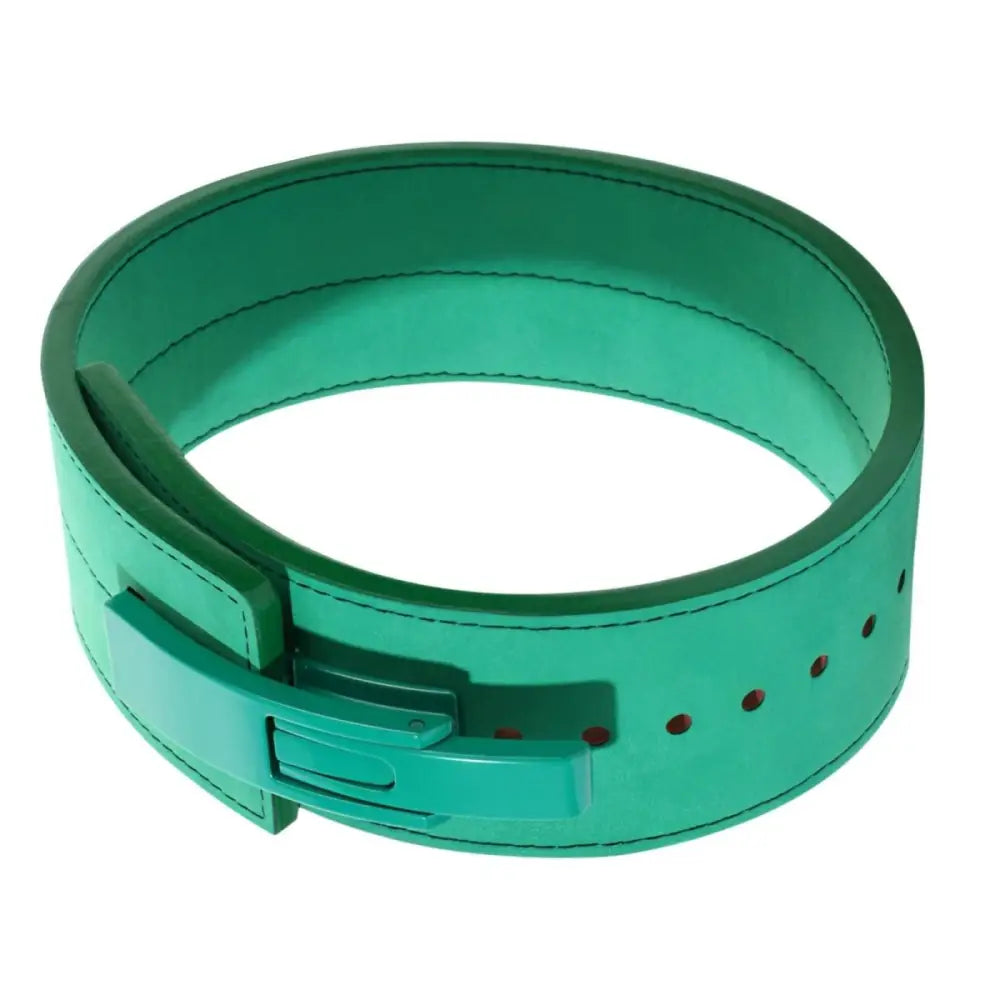 Green leather powerlifting belt with buckle for secure support during heavy lifts