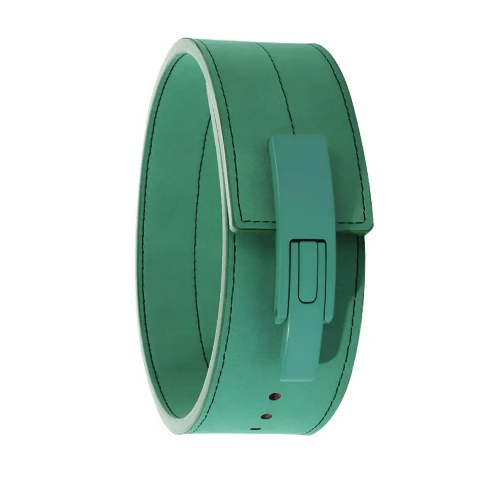 Green leather wristband with buckle for powerlifting belt support and style