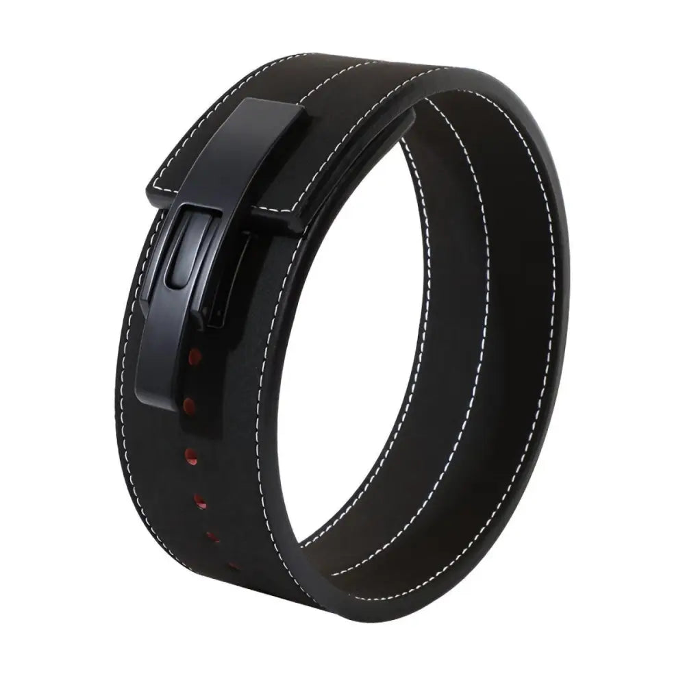 Black leather powerlifting belt with green accents and durable buckle for optimal support