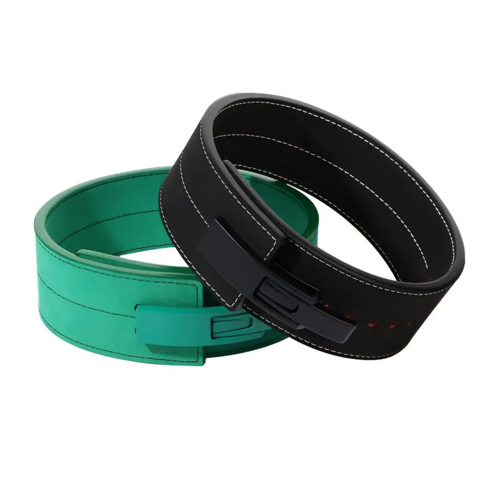 Green and black leather powerlifting belt with buckles for strength training