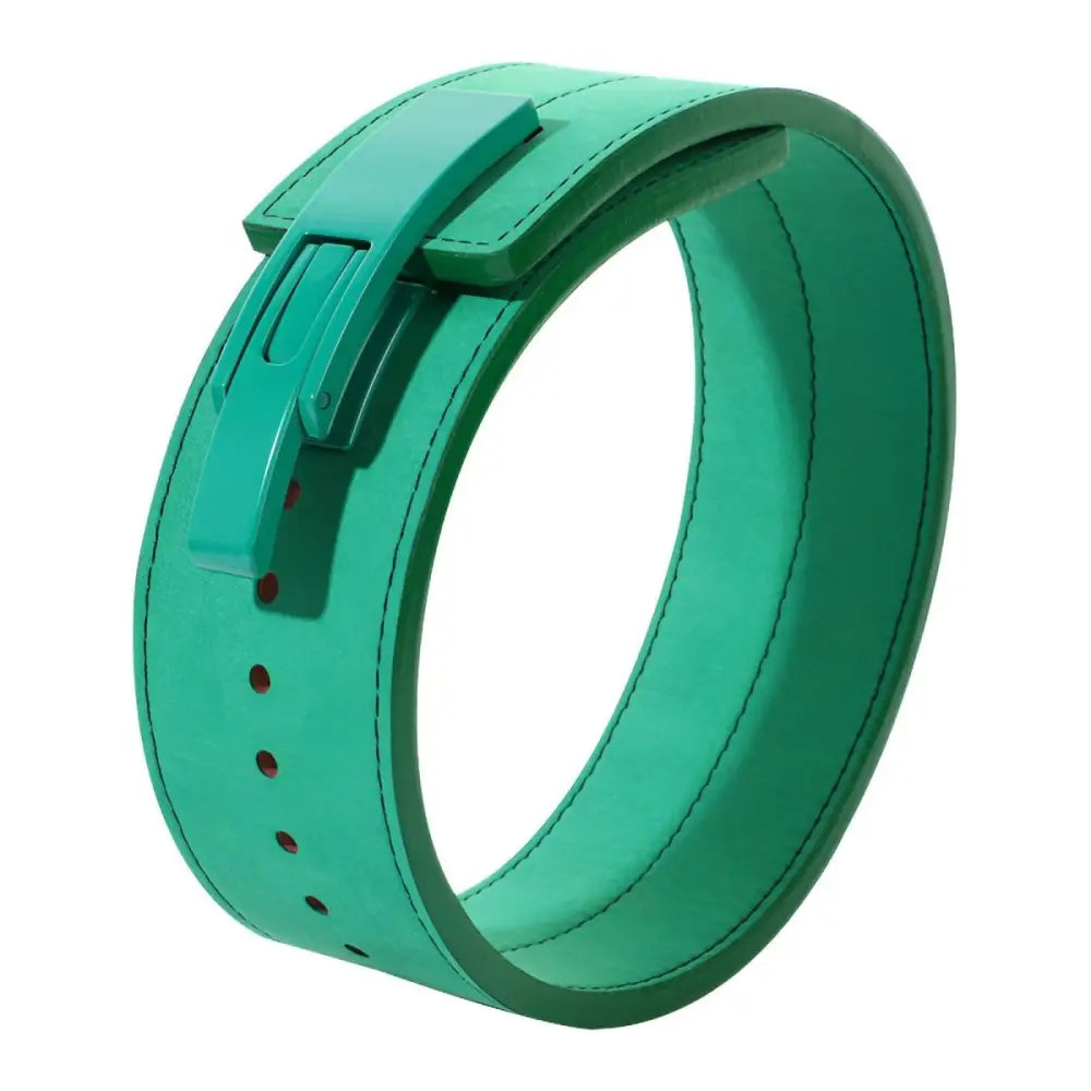 Green leather powerlifting belt with buckle for intense strength training sessions