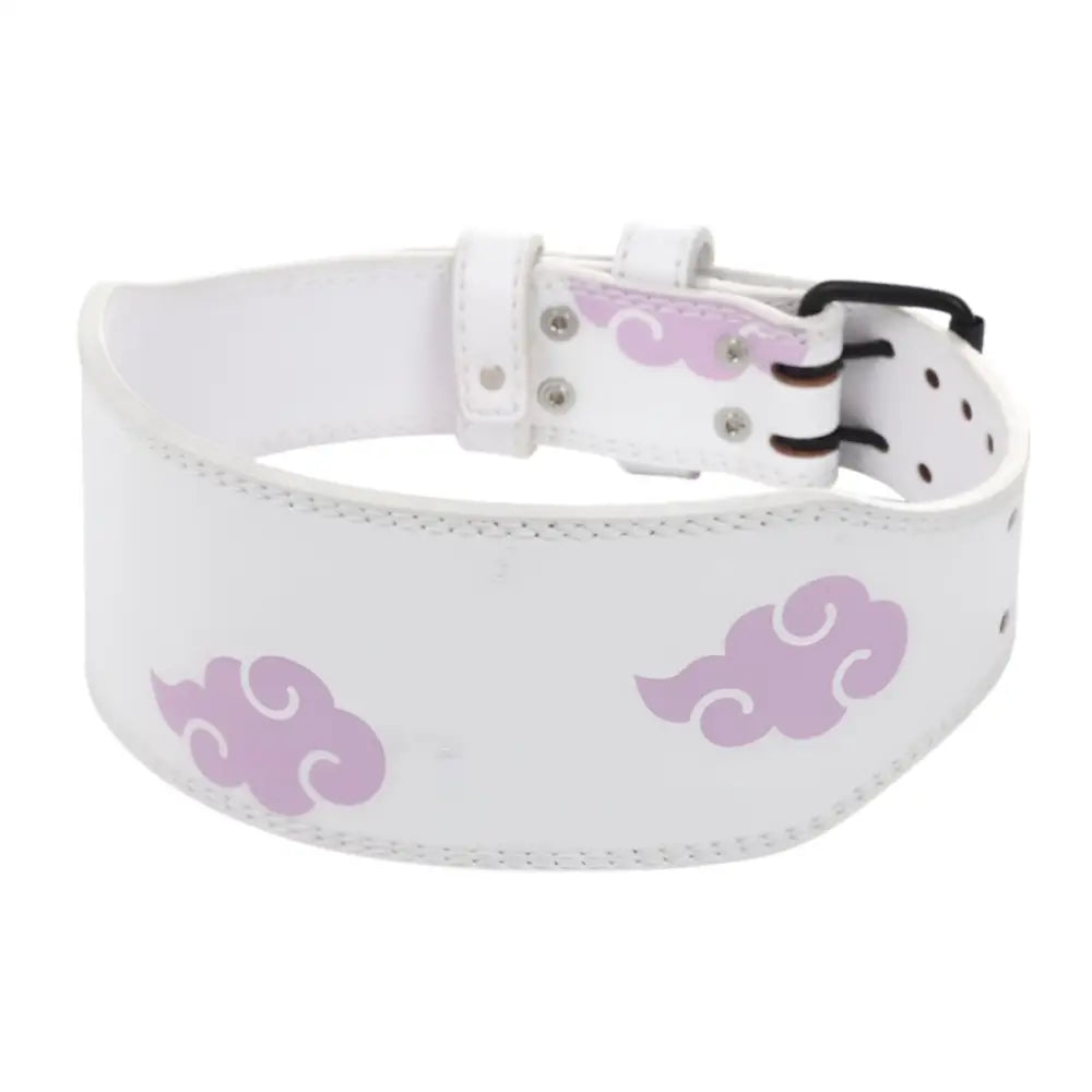 White leather powerlifting belt with multicolored cloud pattern for optimal support
