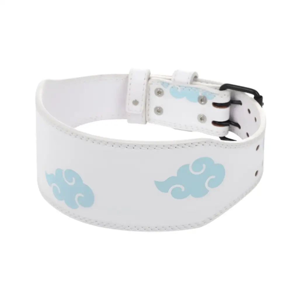 White leather powerlifting belt with multicolored cloud pattern for support and style