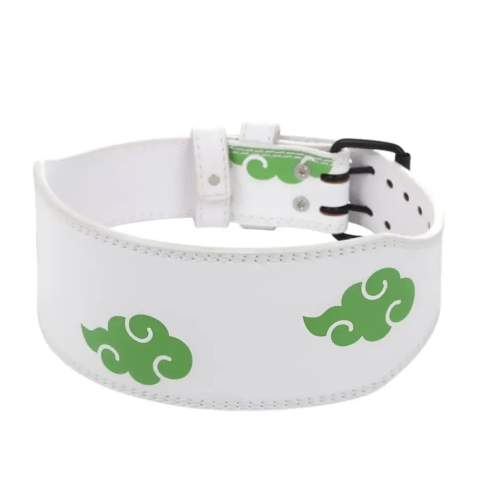 White leather powerlifting belt with multicolored cloud pattern for professional weightlifting