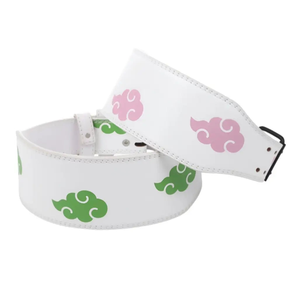White leather powerlifting belt with multicolored cloud pattern for weightlifting training