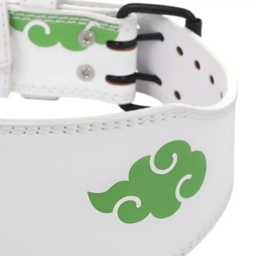 White leather powerlifting belt with green multicolored cloud pattern design for training