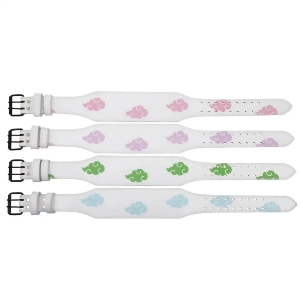 Leather powerlifting belt with multicolored cloud pattern and four white lifting belts
