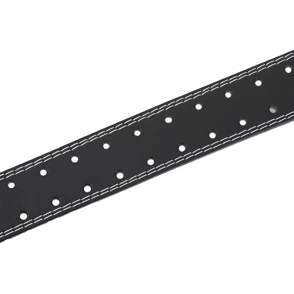 Black leather lifting belt with white stitching and holes for weightlifting support