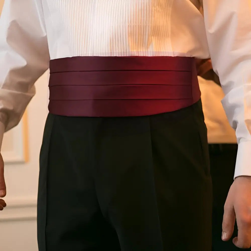 Burgundy cummerbund with black trousers for Charles Model Tuxedo Belt Accessories