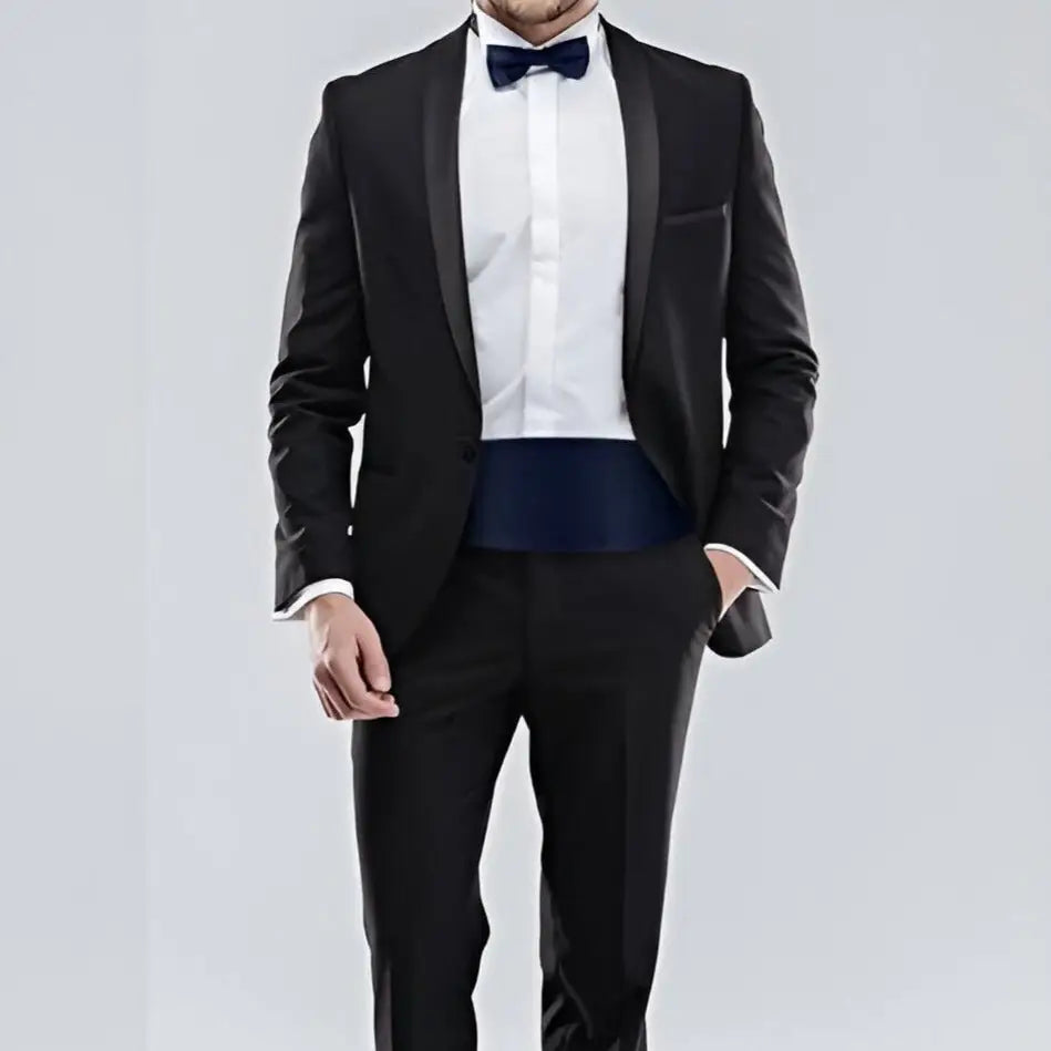 Black tuxedo with navy bow tie and cummerbund for Charles Model Tuxedo Belt Accessories