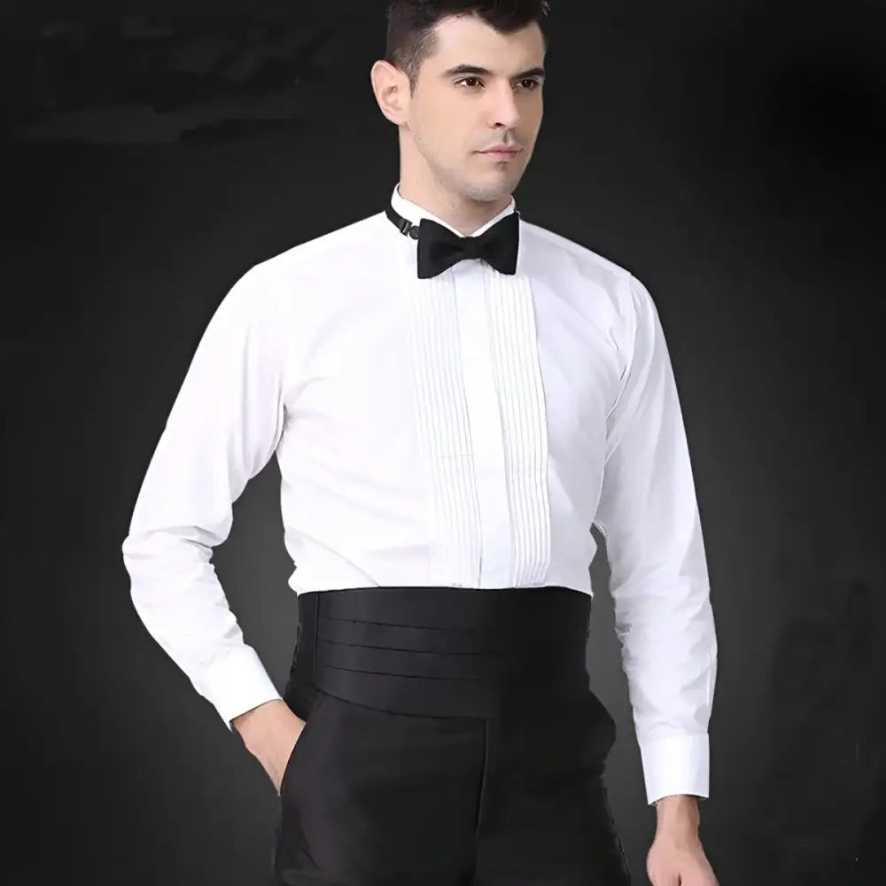 Man in formal attire wearing Black Pleated Cummerbund for Charles Model Tuxedo Belt Accessories
