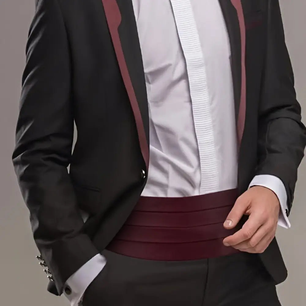 Formal black suit with burgundy cummerbund for Charles Model Tuxedo Belt Accessories