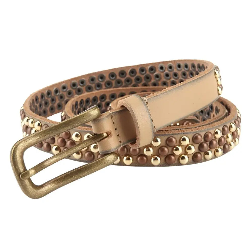 Beige leather belt with gold studs and brass buckle for personal style fashion accessory