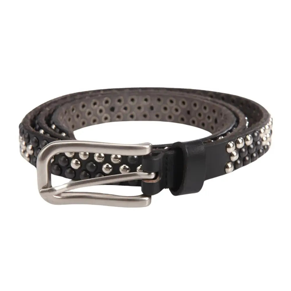 Black studded leather belt showcasing fashionable personal style with gold studs and brass buckle