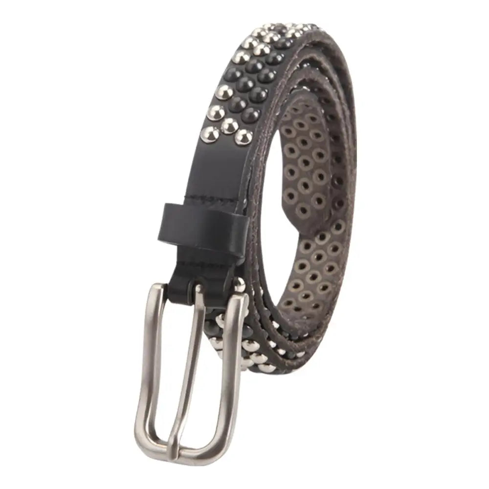 Black studded leather belt enhancing personal style with gold studs and brass buckle
