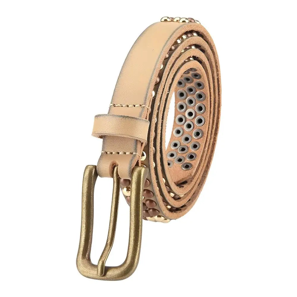Beige leather belt with gold studs and brass buckle for personal style fashion accessory