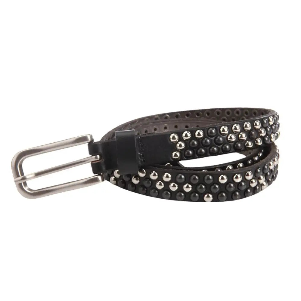 Black studded leather belt enhancing personal style with gold studs and brass buckle