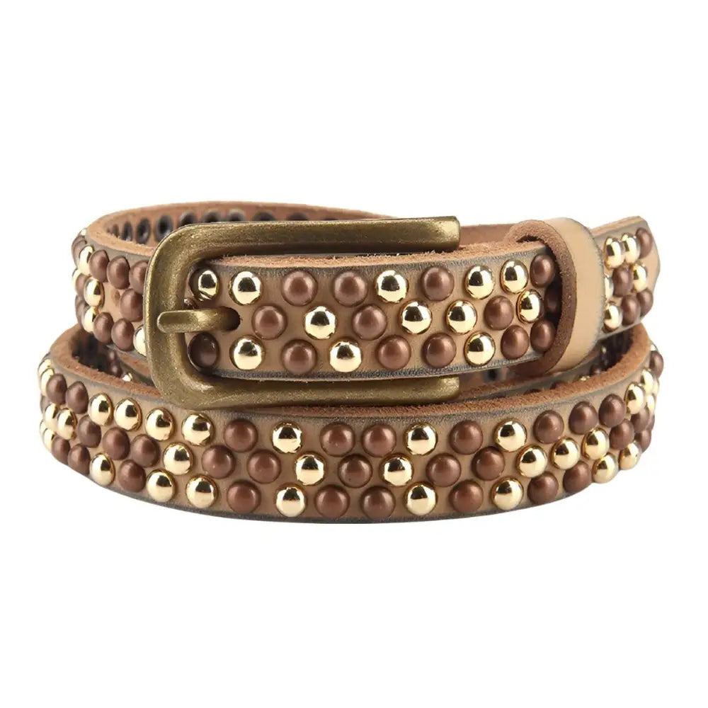 Studded beige leather belt with brass buckle for enhancing personal style and fashion
