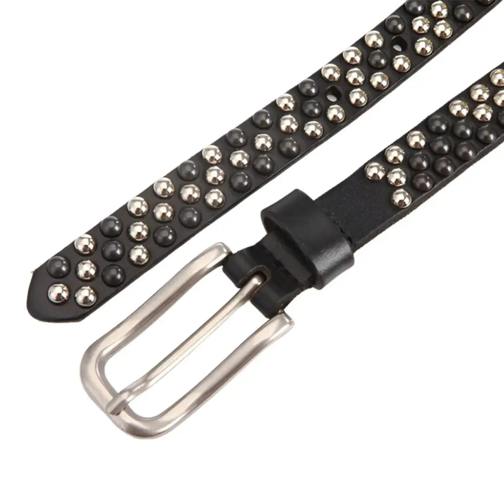Black studded leather belt with silver buckle, perfect for enhancing personal style