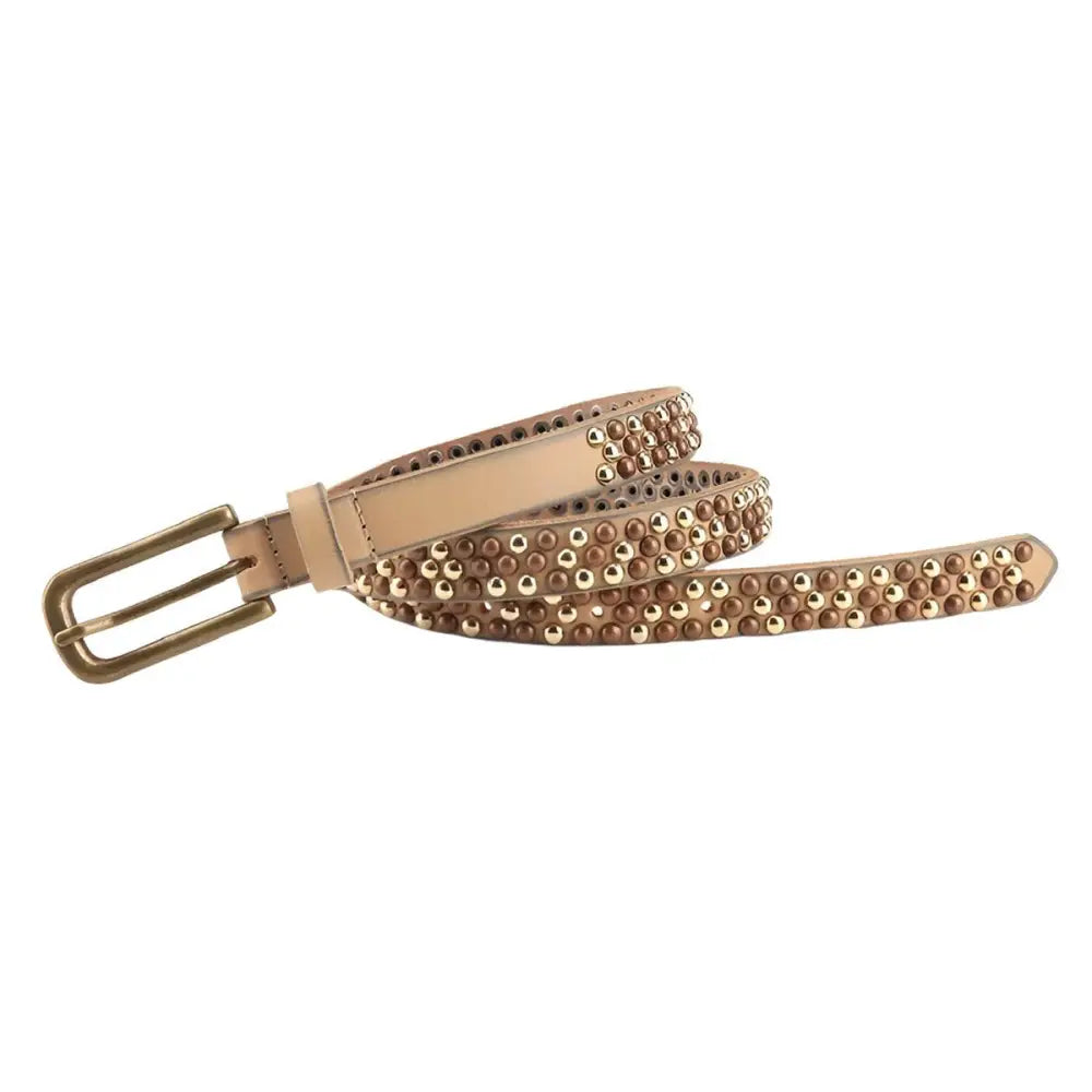 Beige leather belt with gold studs and brass buckle for personal style fashion accessory