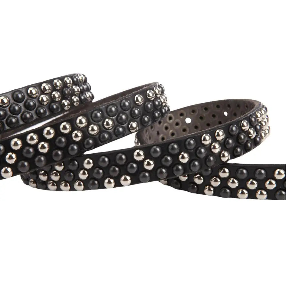 Black studded leather belt showcased in Beige Leather Belt with Gold Studs and Brass Buckle for Personal Style