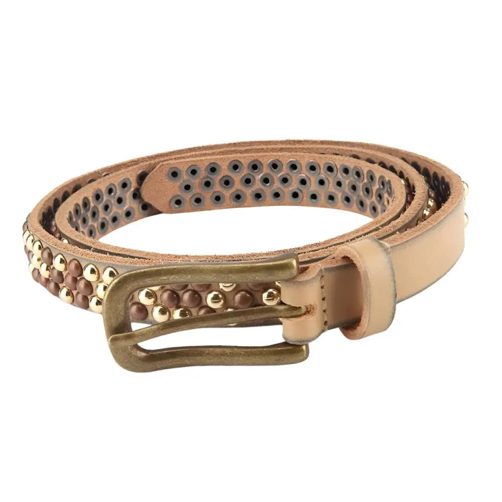 Beige studded leather belt with gold studs and brass buckle for personal style