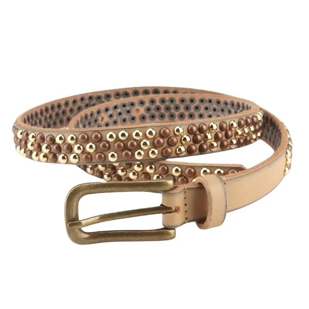Beige leather belt with gold studs and brass buckle highlighting personal style