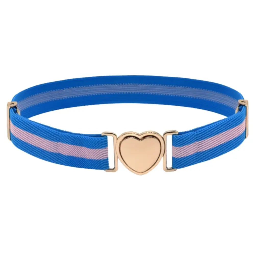 Leola belt with heart buckle featuring blue and pink striped elastic design for stylish accessories