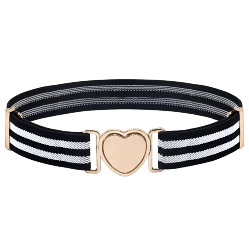 Leola Belt with Heart Buckle featuring black and white striped elastic design for stylish accessories