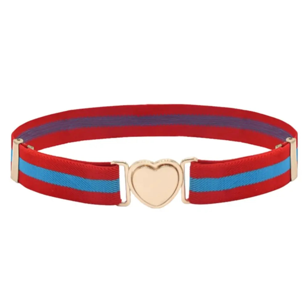 Leola Belt with Heart Buckle showcasing red, blue, and purple striped elastic design