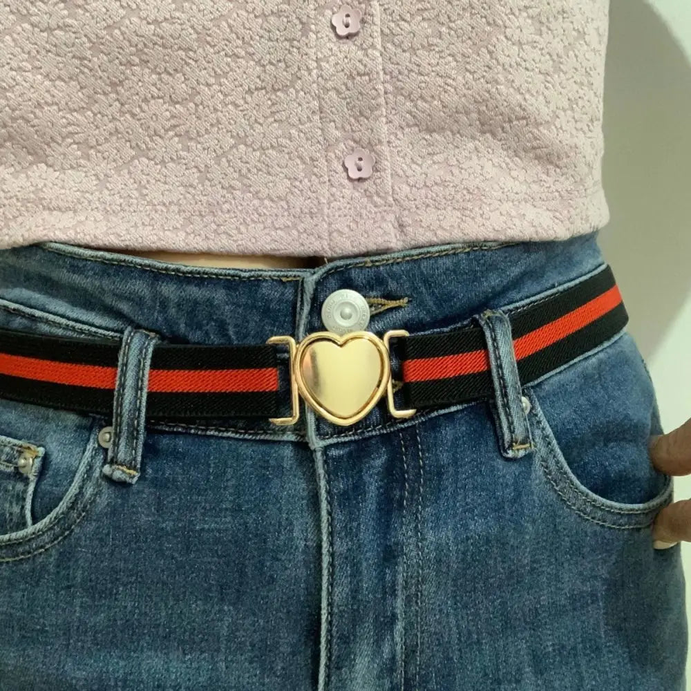 Leola Belt with Heart Buckle in Striped Elastic Designs featuring jeans and stylish style