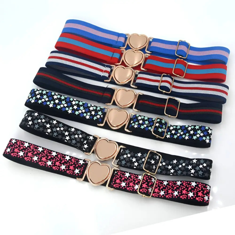 Ludie Belt with Star Pattern and Heart Buckle showing assorted elastic belts with heart-shaped buckles