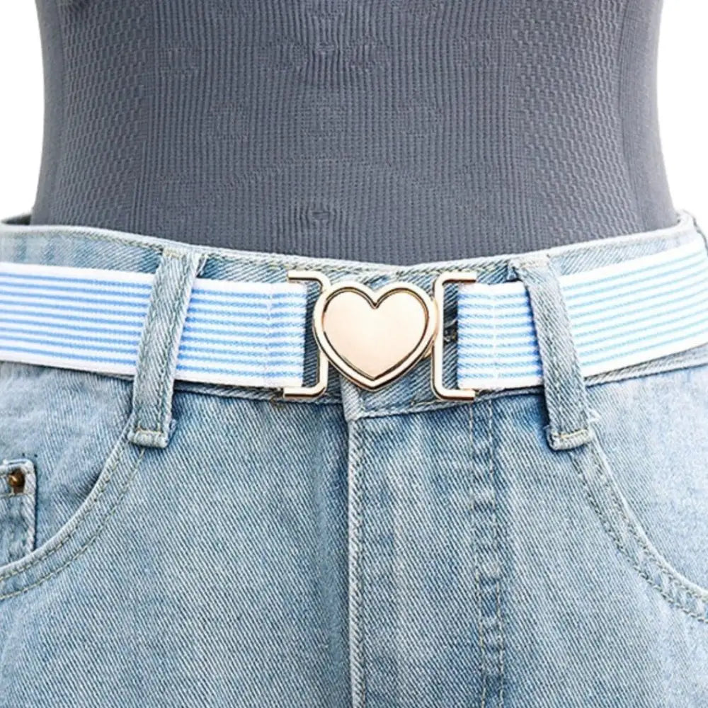 Leola Belt with Heart Buckle featuring blue and white striped elastic design