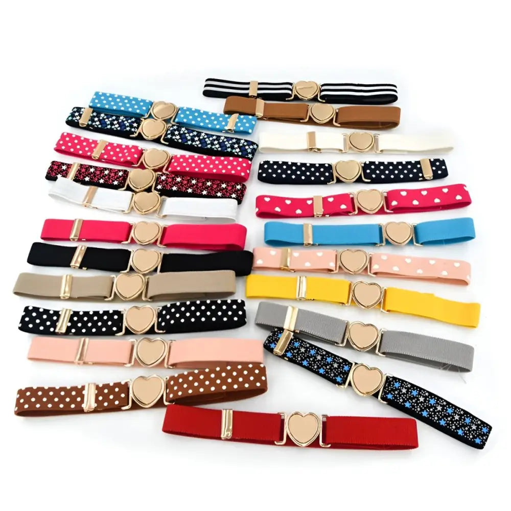 Assorted elastic belts with heart-shaped buckles displayed in the product Assorted Elastic Belts with Heart-Shaped Buckles
