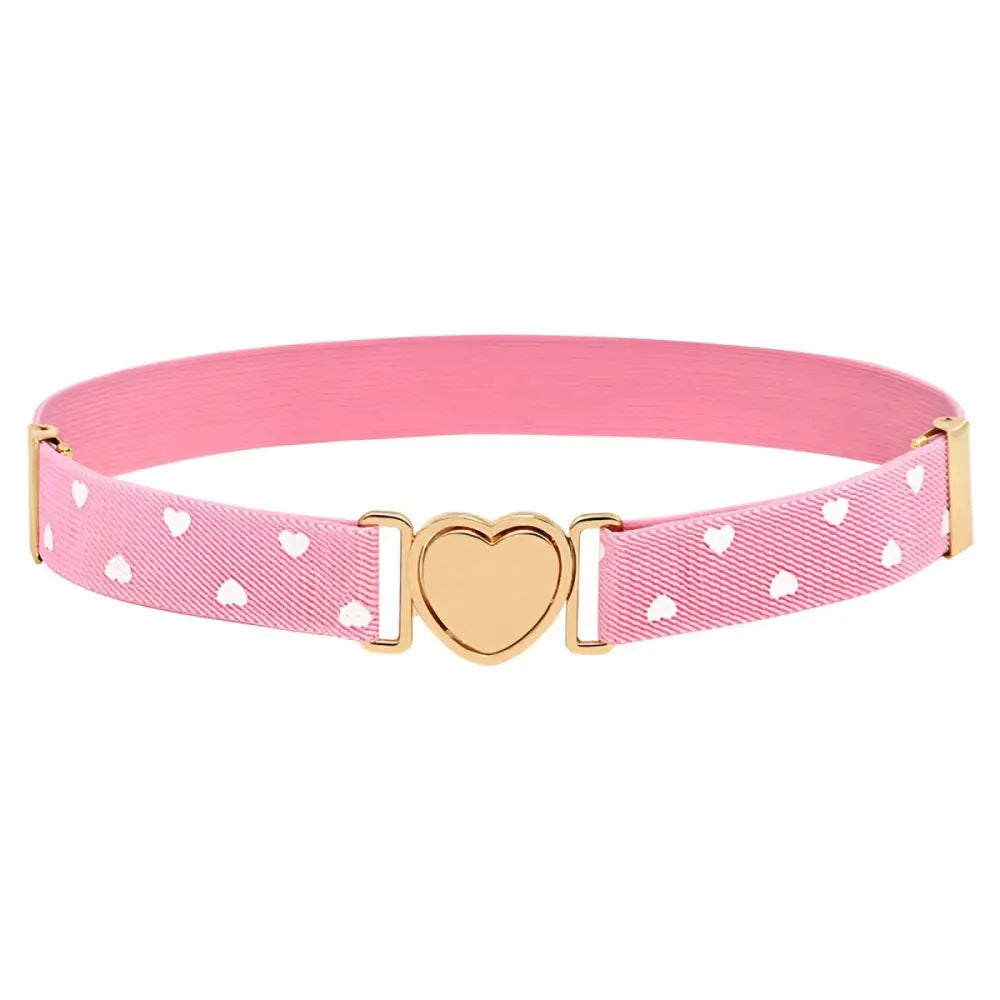 Pink elastic belt with white hearts and gold heart buckle from Colorful Elastic Belts collection