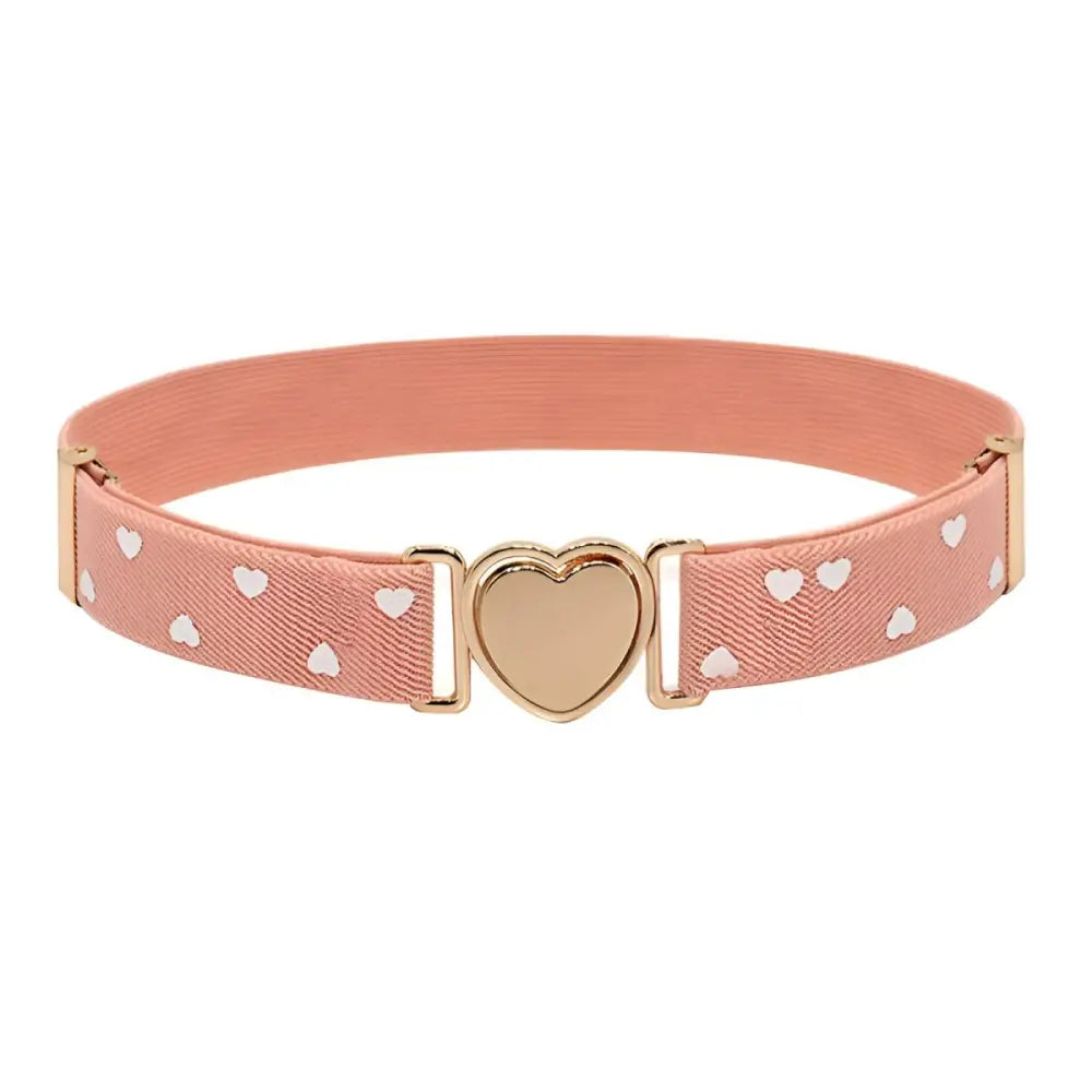 Peach-colored elastic belt with heart buckle and white heart pattern for fashion accessory