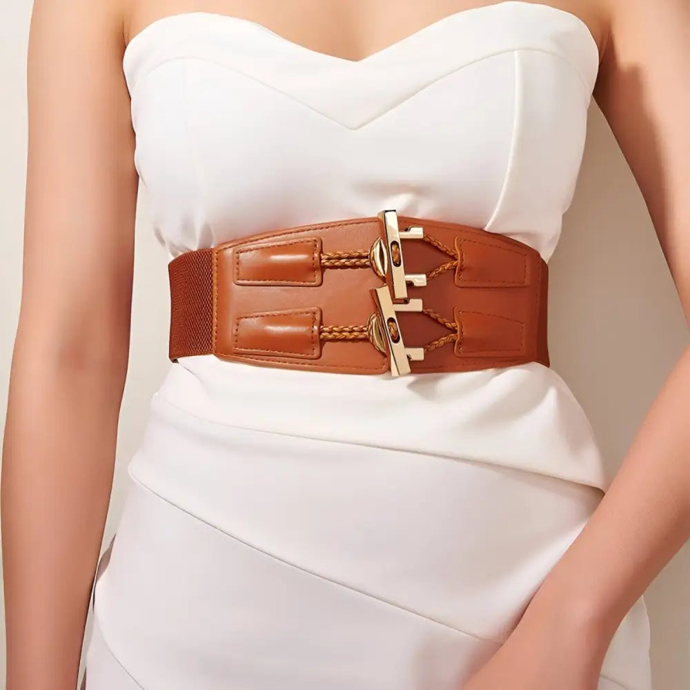 Éléonore elastic belt with gold hardware and buckle in brown for sophisticated accessories