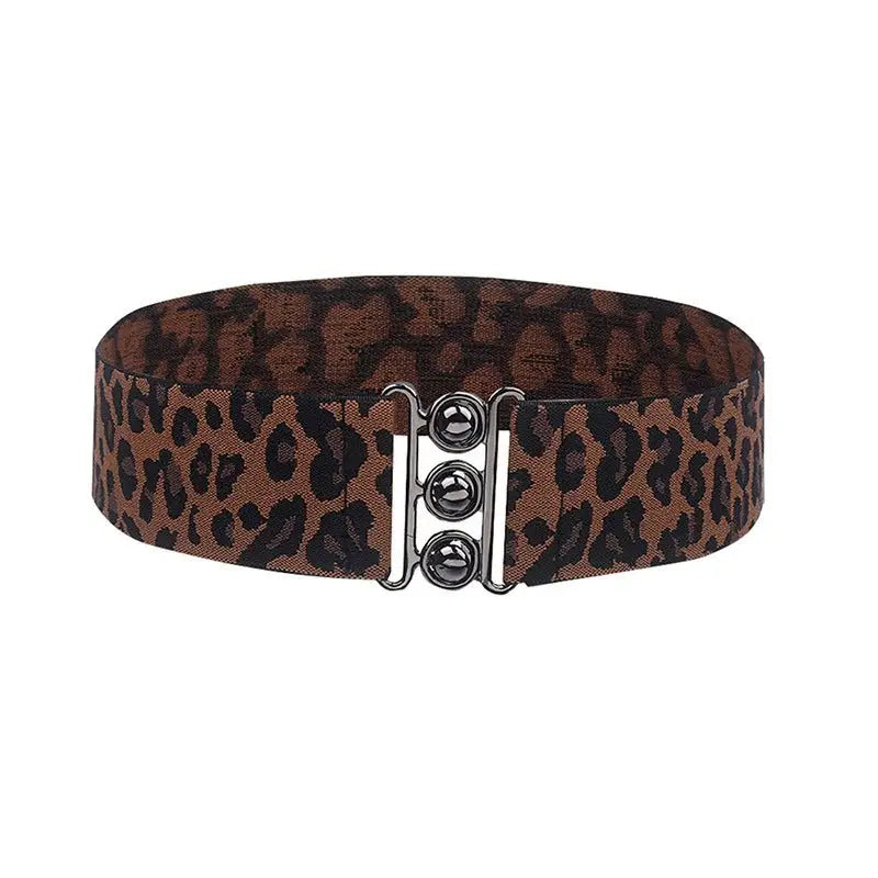 Leopard print elastic belt with triple-button clasp and metal buckle for women’s Lee Leopard
