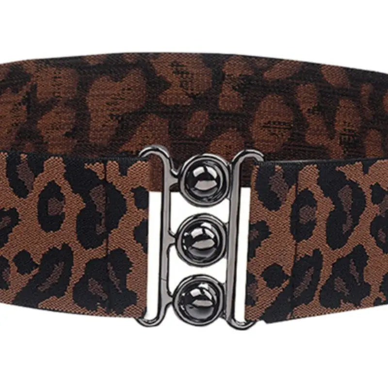 Leopard print elastic belt for women with metal buckle and triple-button clasp