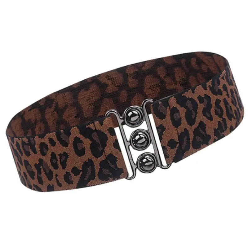 Leopard print elastic belt for women with metal buckle and triple-button clasp