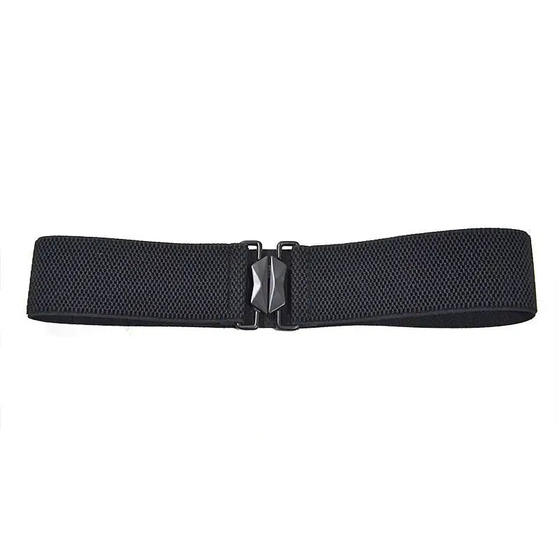 Black elastic belt with decorative buckle, ideal for women’s elastic waist accessories