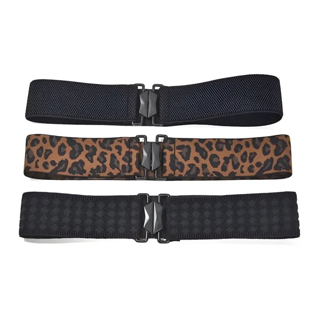 Three leopard print women’s elastic belts with black buckles for women’s elastic style fashion