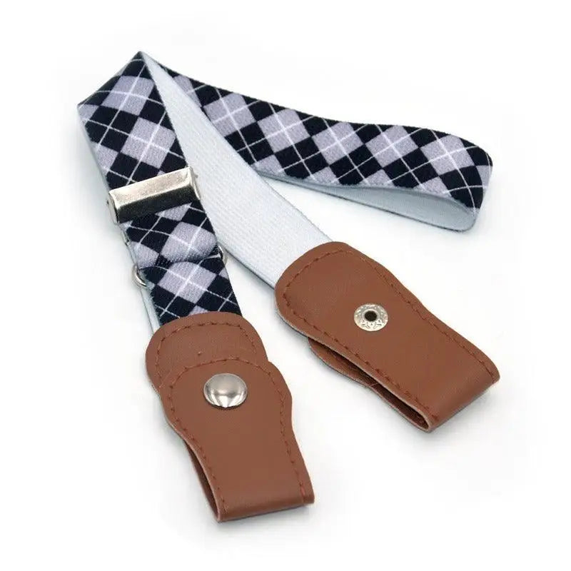 Argyle patterned suspenders with plaid belt for denim shorts suitable for parents alike